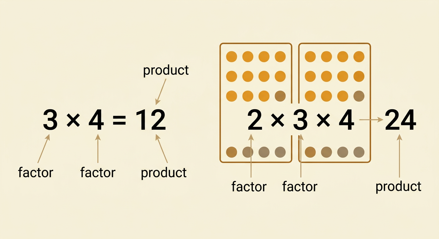 Two large groups each contain three smaller groups of four objects, with the multiplication expression and total shown.
