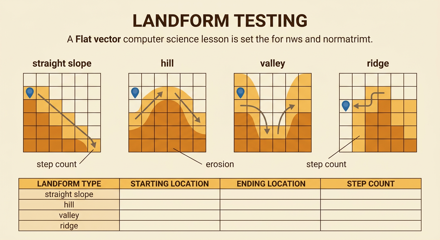 Four grids compare a straight slope, hill, valley, and ridge, with predicted water routes and step counts.