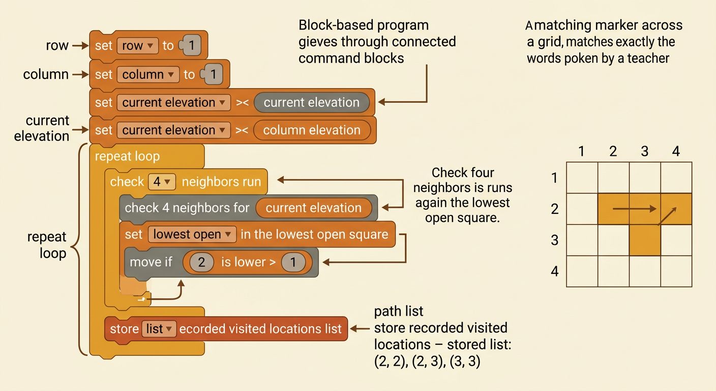 A block program updates row and column variables inside a repeat loop while recording three coordinates in a path list.