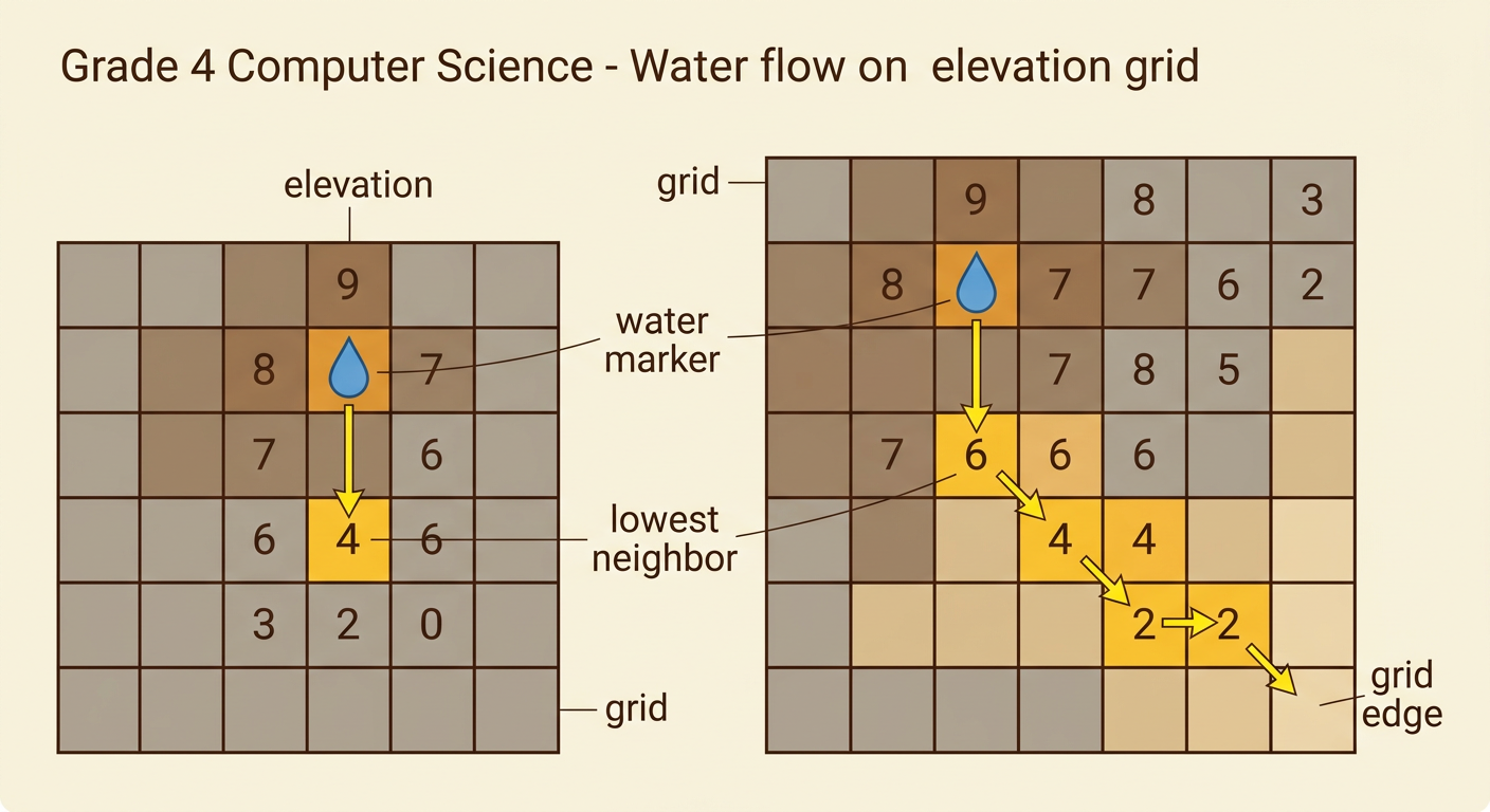 A numbered land grid shows a water marker moving from elevation 8 to its lowest neighbor at elevation 6.