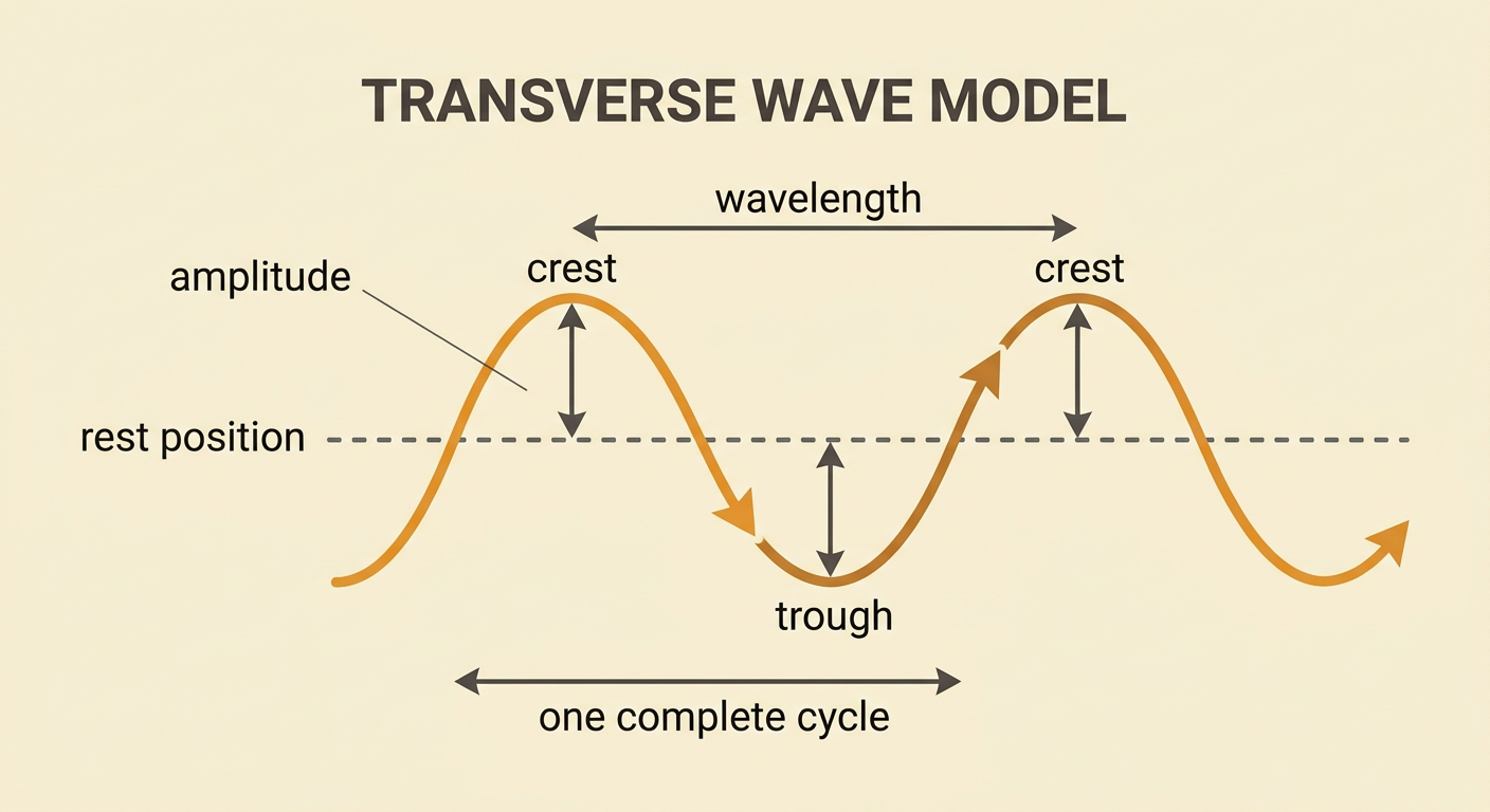 A transverse rope wave shows its middle line, highest and lowest points, amplitude, and the distance between two crests.