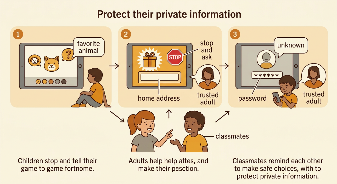 One picture with three panels shows an art app asking for a favorite animal, a prize game asking for a home address, and an unknown player asking for a password.