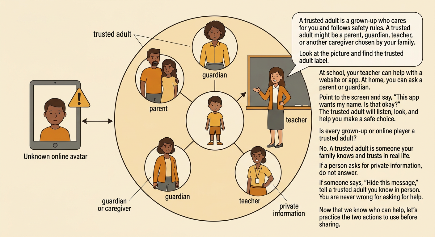 A child shows a tablet question to a parent and a teacher while an unknown online player stays behind the screen.