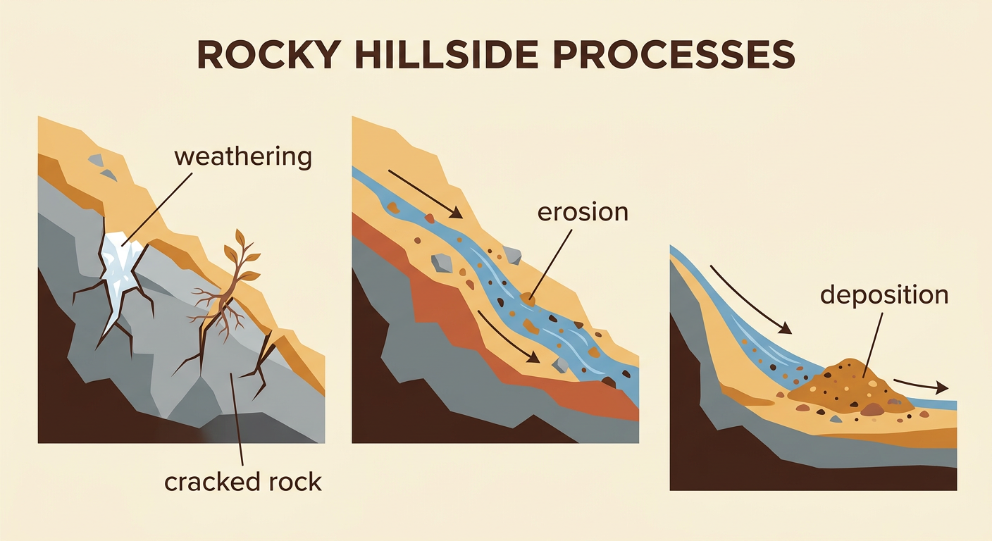 A hillside diagram shows rock breaking, soil moving downhill in water, and material collecting at the bottom.