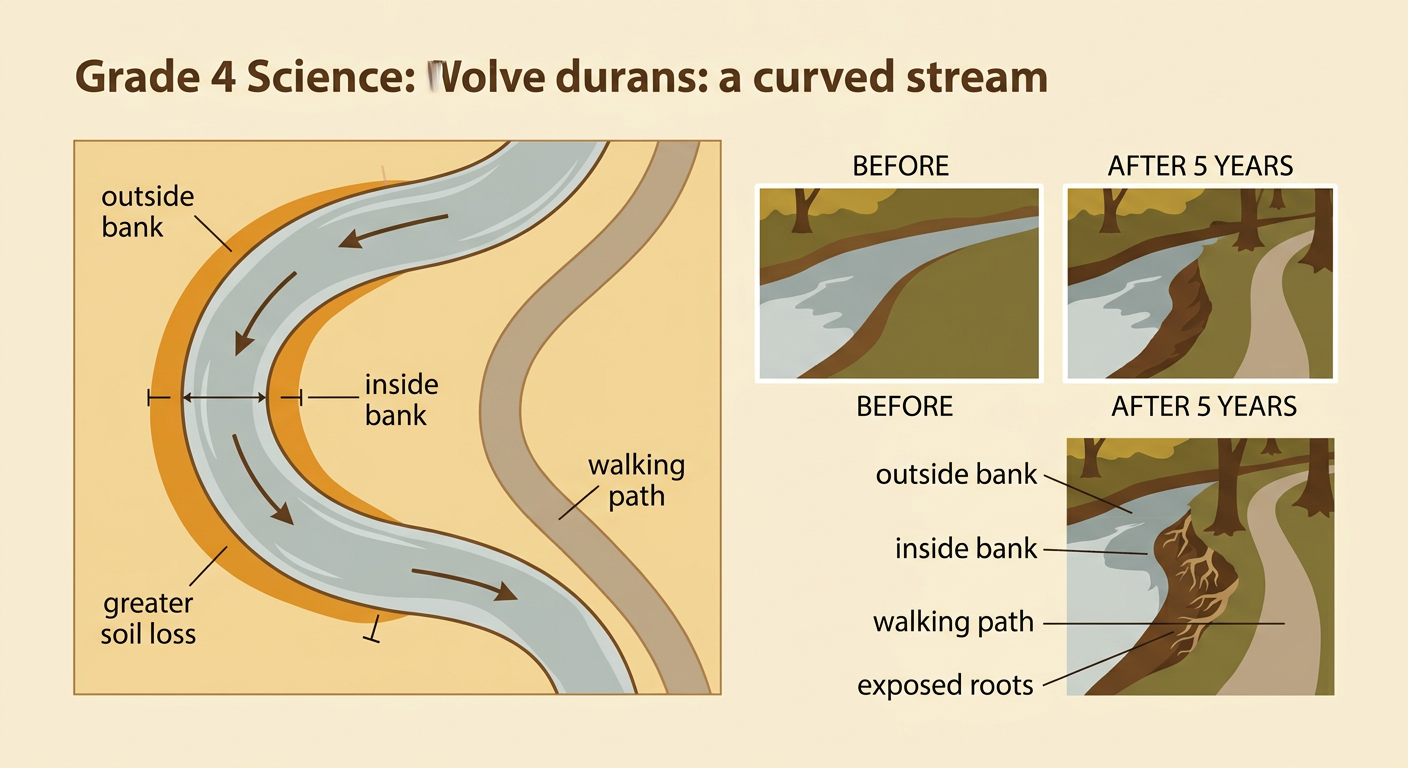 A combined evidence image shows streambank photographs, a curved-stream map, and soil-loss measurements beside a walking path.