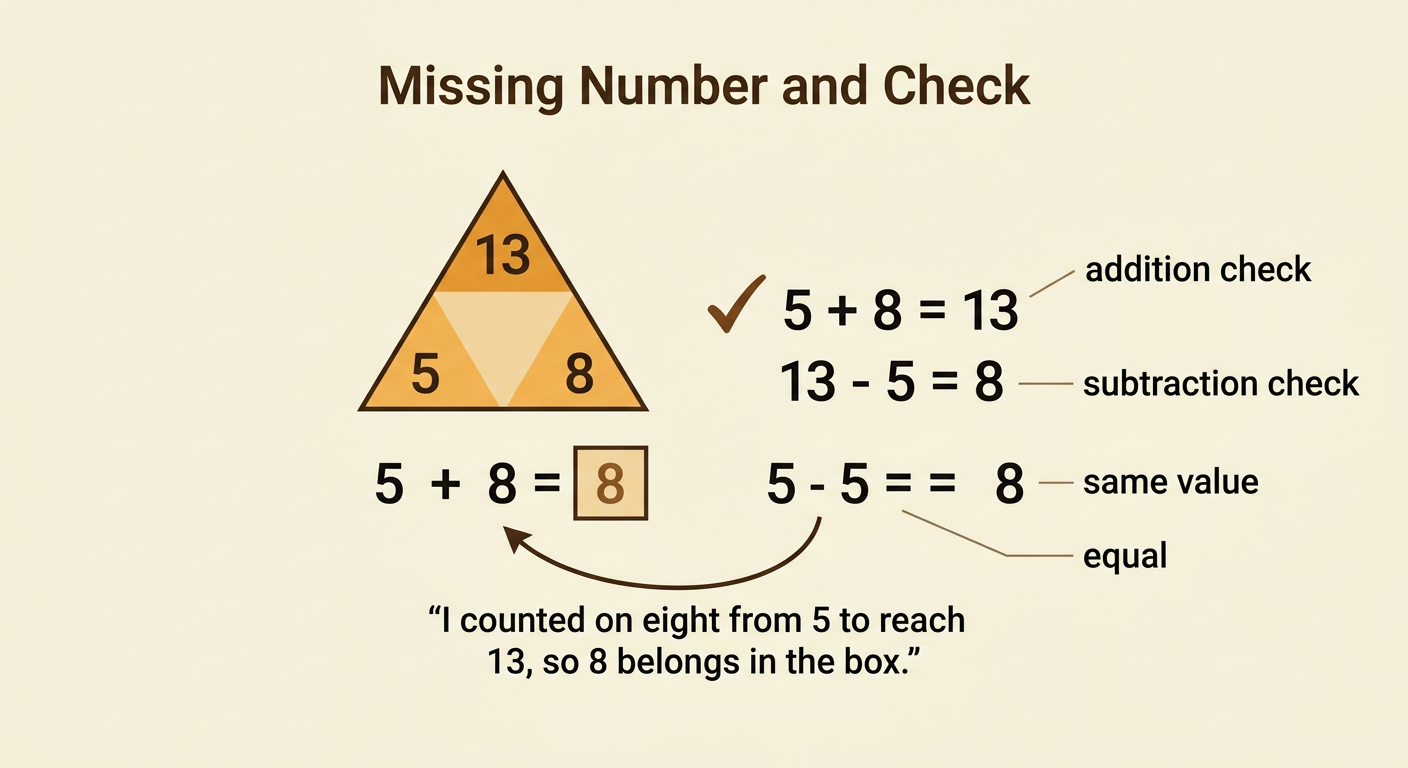 A balance-style picture shows 5 + 8 = 13 along with 13 − 5 = 8 as two checks for the missing number.