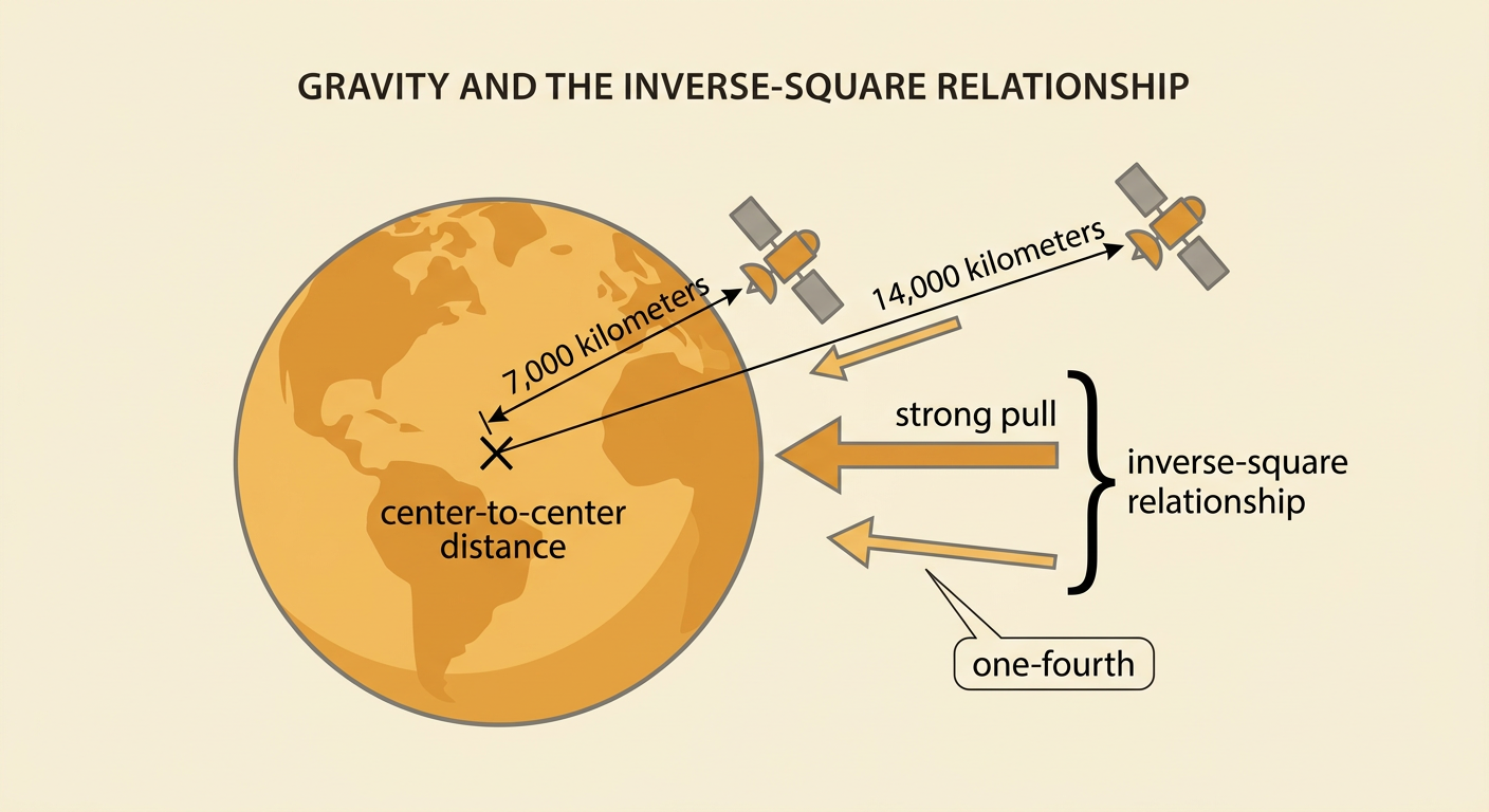 Earth and the same satellite are shown at two center-to-center distances, with the farther position having a weaker force arrow.