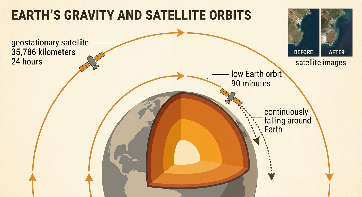 Earth is shown with a close low Earth orbit, a distant geostationary orbit, and repeated satellite images of changing ice cover.