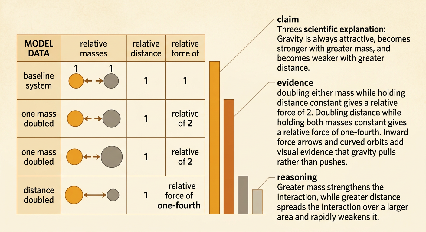 A claim-evidence-reasoning chart displays baseline data and the force changes caused by doubling mass or distance.