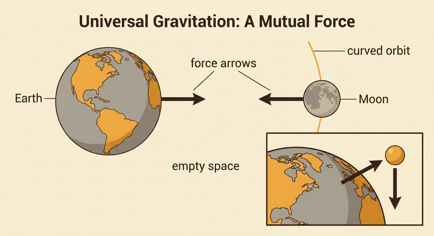 A diagram shows Earth and the Moon pulling toward each other while a small satellite follows a curved path through empty space.