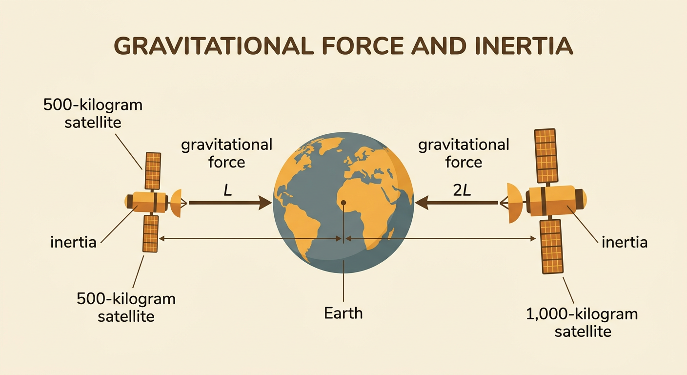 Two satellites of different masses sit at the same distance from Earth with different gravitational force arrows.