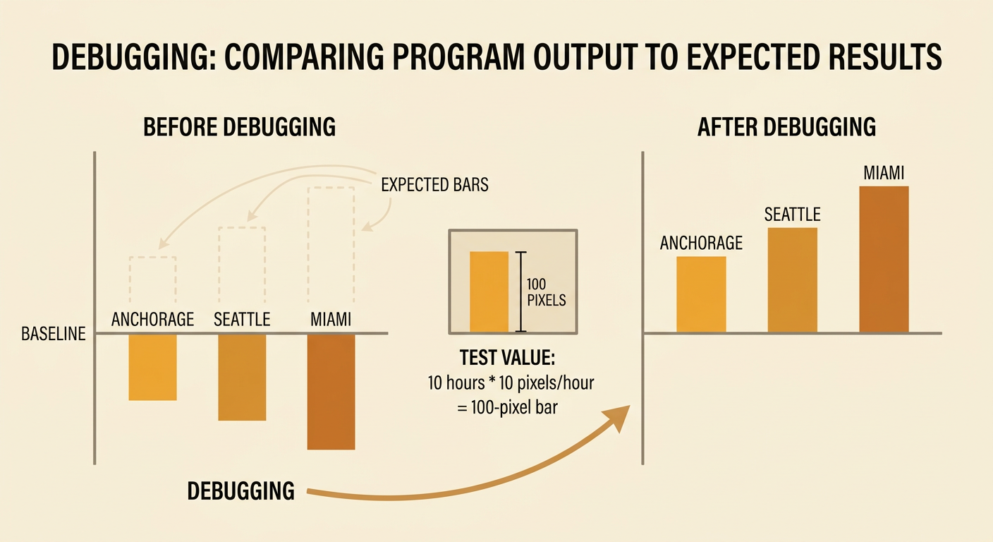 A debugging screen compares expected bars with common scale and baseline errors.