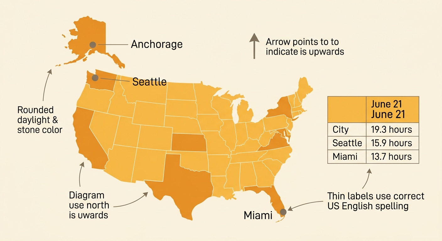 A June 21 daylight table appears beside a U.S. Map marking Anchorage, Seattle, and Miami.