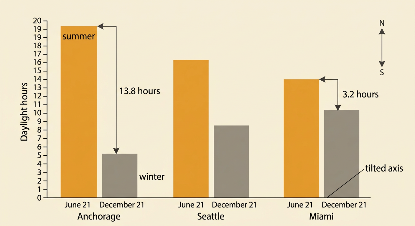 A U.S. Map and paired seasonal bars compare daylight in Anchorage, Seattle, and Miami.