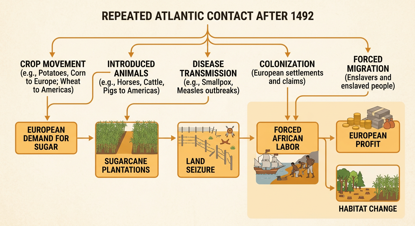 A cause-and-effect chain links European sugar demand to plantations, forced labor, enslavement, and habitat loss.