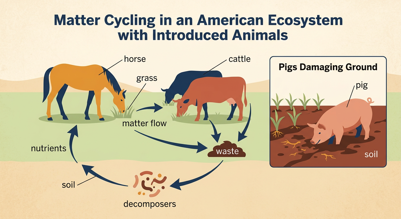 A grassland ecosystem shows a horse eating grass, cattle grazing, and a pig disturbing soil near Indigenous crops.