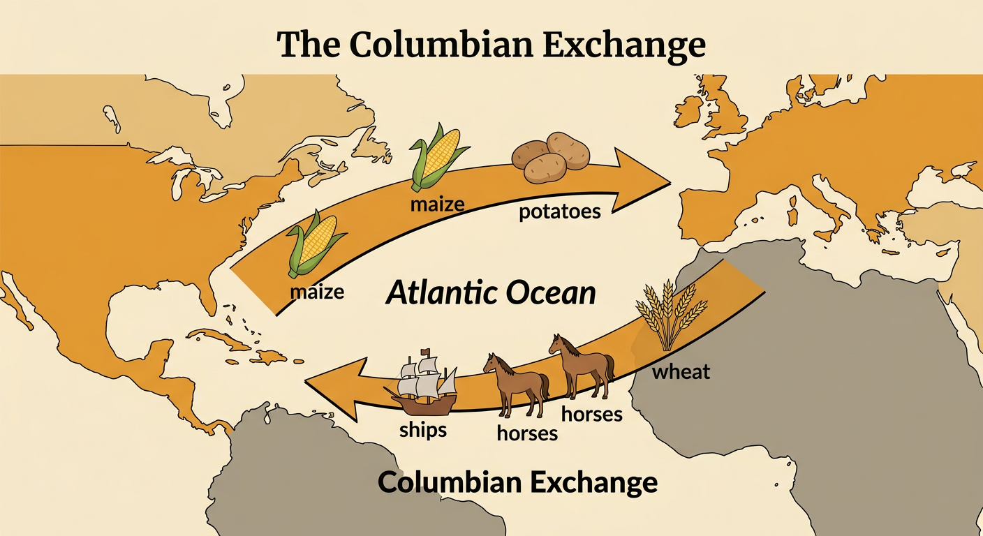 A labeled Atlantic map shows ships carrying goods between the Americas and Europe after 1492.