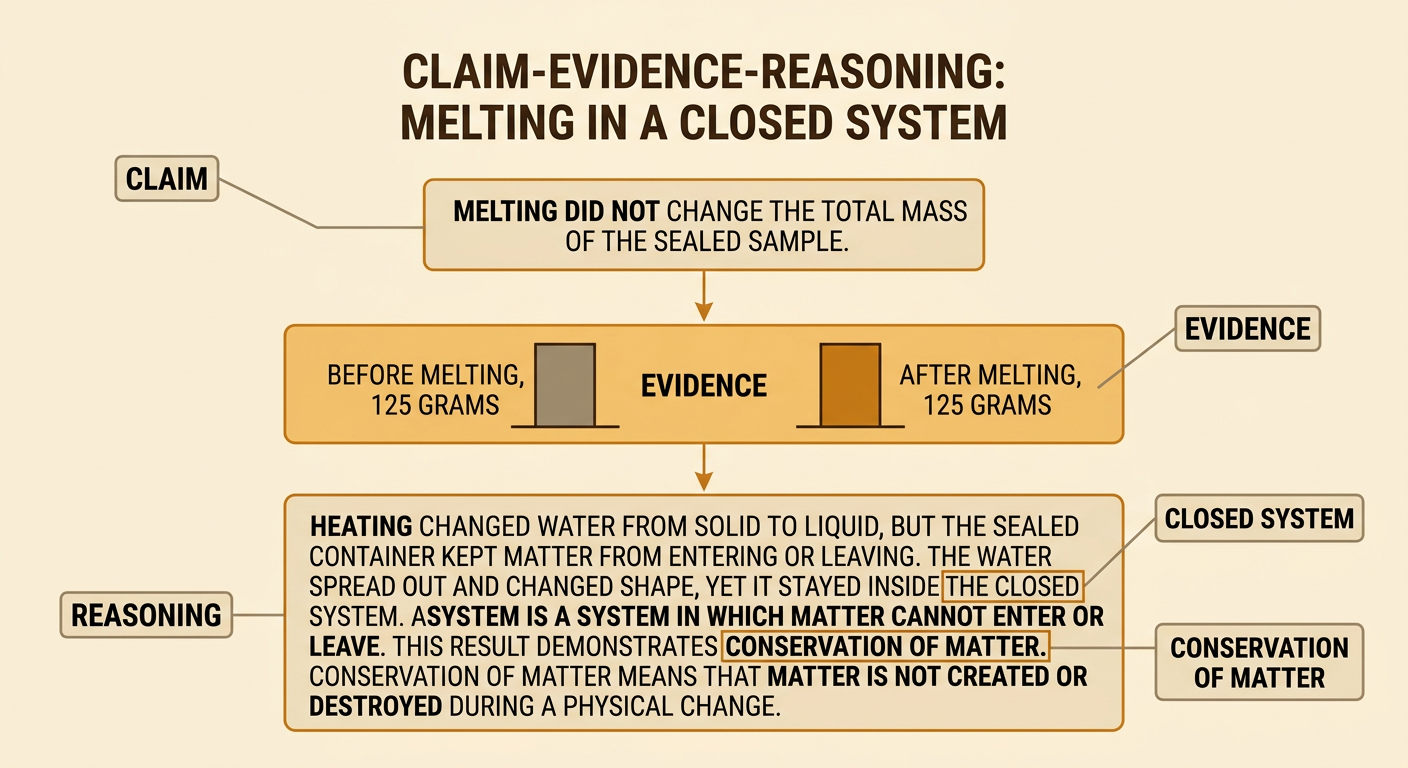 A claim-evidence-reasoning diagram connects equal mass measurements to conservation of matter in a closed system.