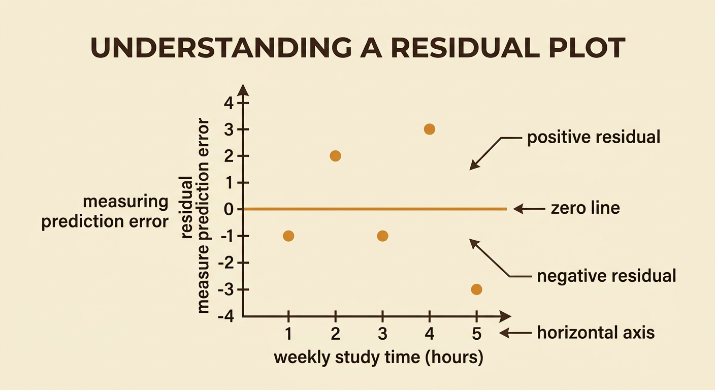 A residual plot shows the five study-time points scattered above and below a horizontal zero line.
