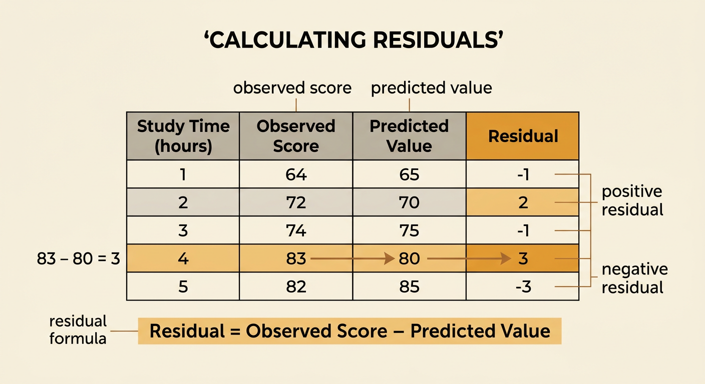 A table compares observed and predicted scores and shows vertical residual distances above and below the model line.