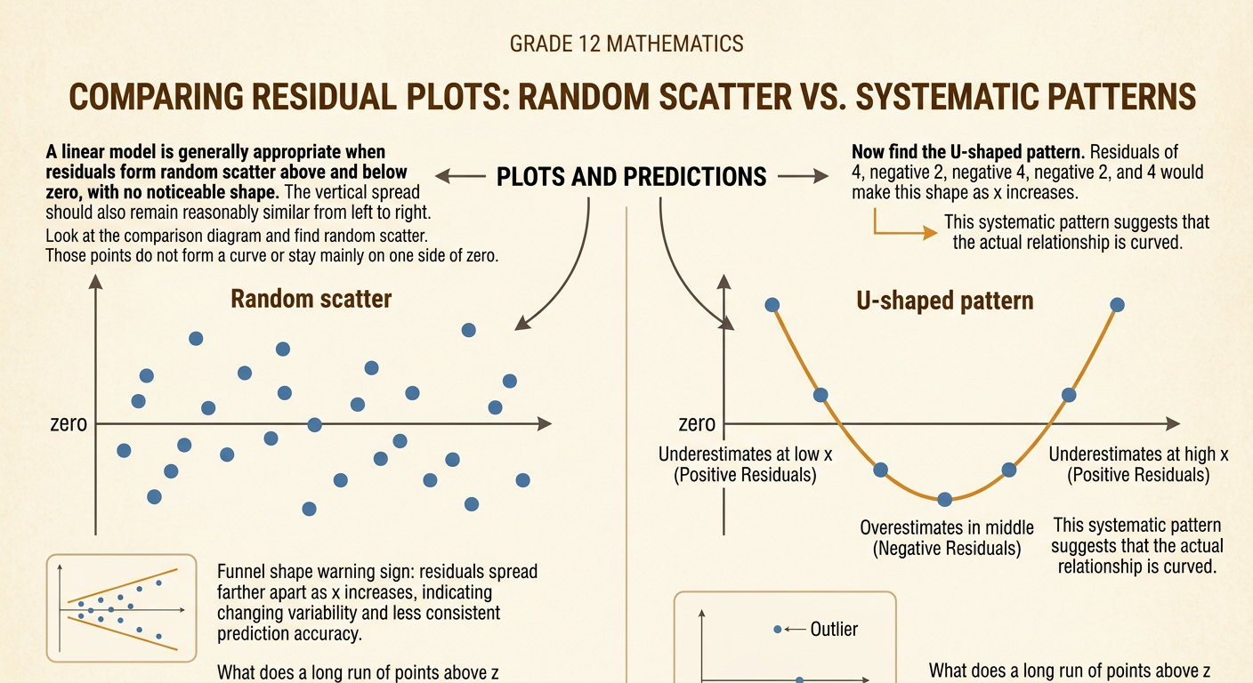One comparison image shows residual plots with random scatter, a U-shaped pattern, a funnel shape, and an outlier.