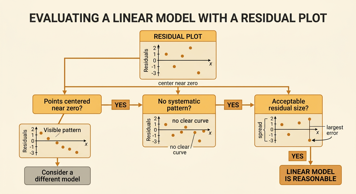 The study-time residual plot is annotated to show a center near zero, no clear curve, and a largest error of 3 points.