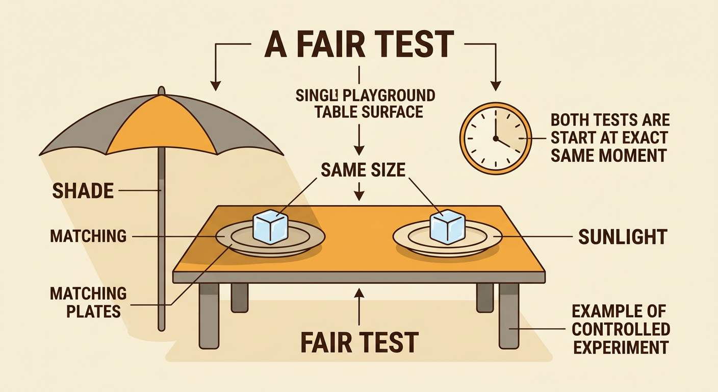 Two same-sized ice cubes on matching plates begin a fair test on the sunny and shaded parts of one table.