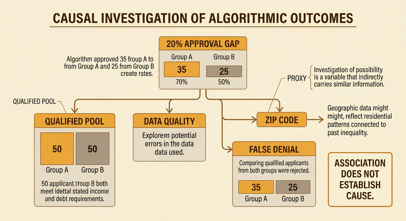 Two equally qualified groups receive different approval results while reviewers investigate a ZIP code proxy and false denials.