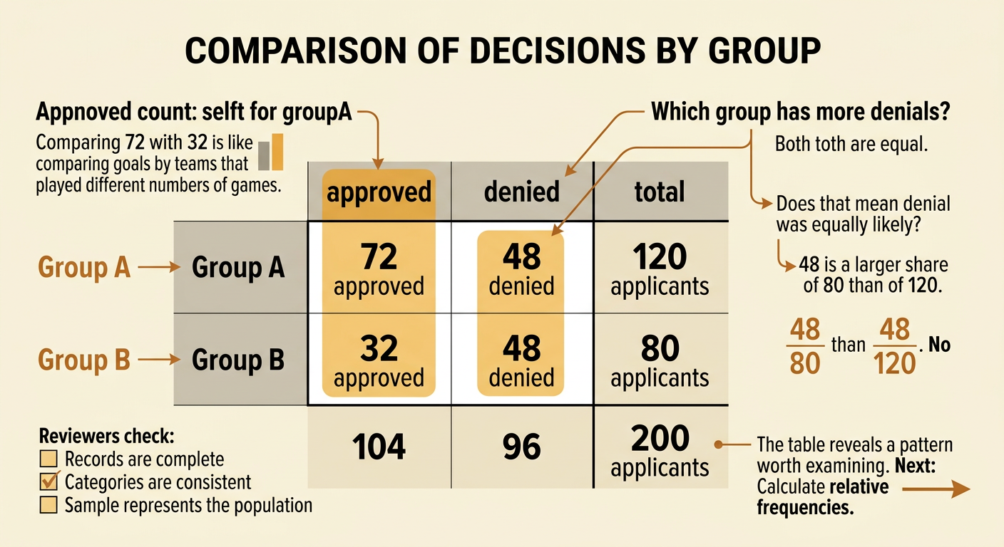 A two-way table shows approvals and denials for 120 Group A applicants and 80 Group B applicants.