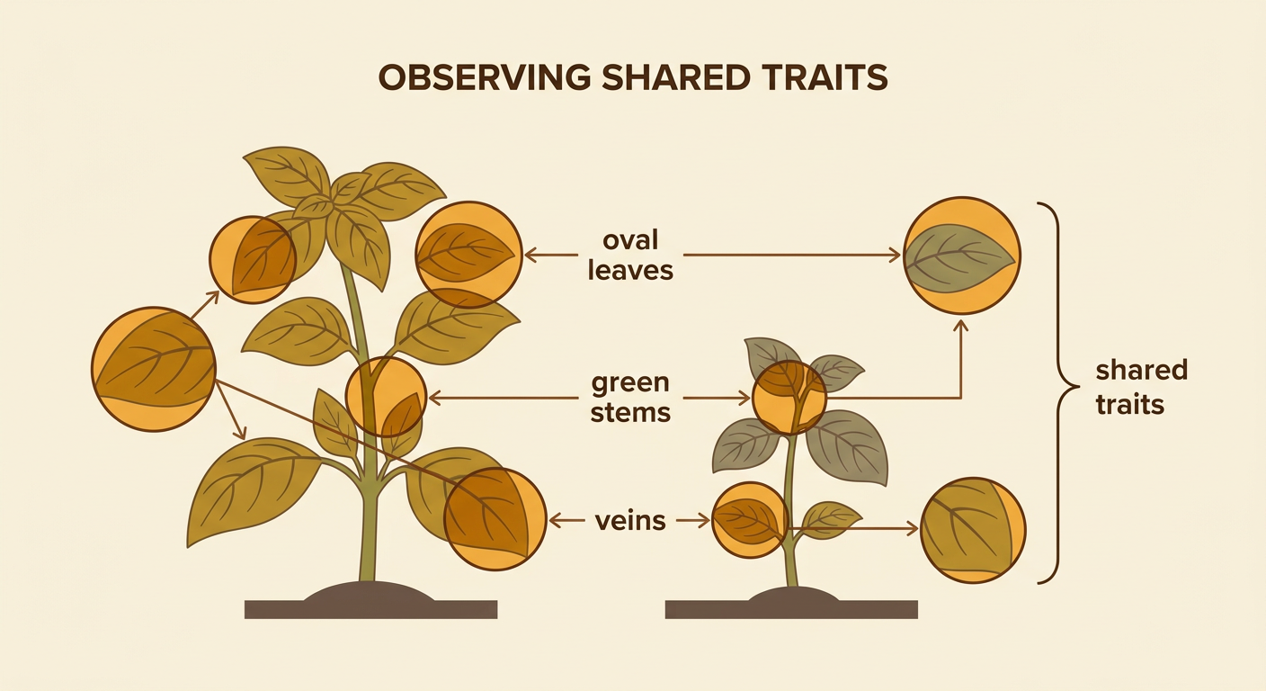 Matching traits are circled on a parent basil plant and its smaller young plant.
