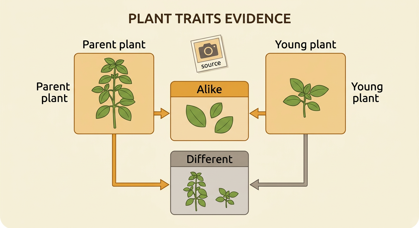 A four-column picture chart organizes drawings and observations about a parent basil plant and a young basil plant.