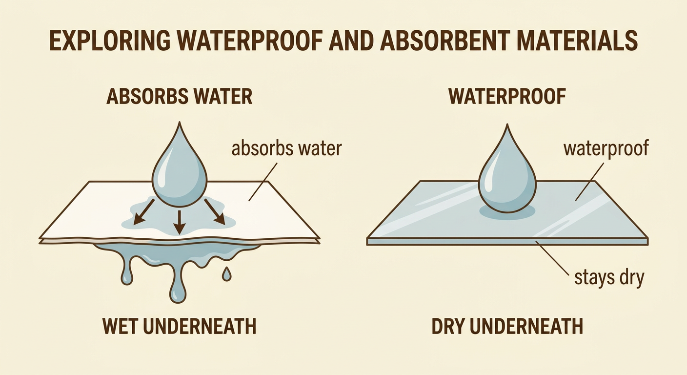 A split diagram shows rain beading on a plastic raincoat while clothes stay dry, beside water soaking through a paper towel.