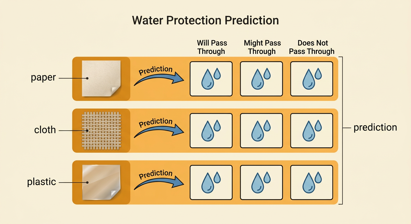 Paper, cloth, and plastic samples sit beside three prediction cards showing whether water may pass through.