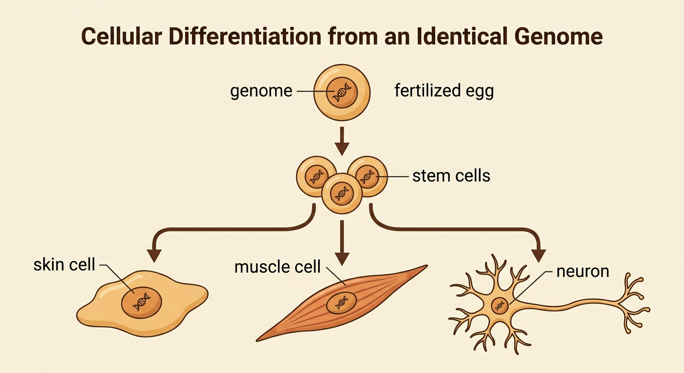 A shared genome branches into a flat skin cell and a neuron with long signal-carrying extensions.