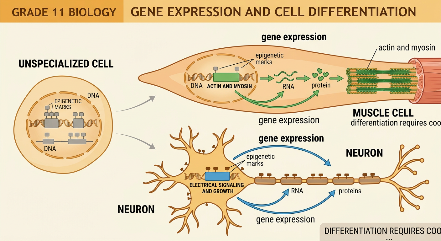 Two gene-expression pathways lead to a muscle cell with contractile proteins and a neuron with branching extensions.