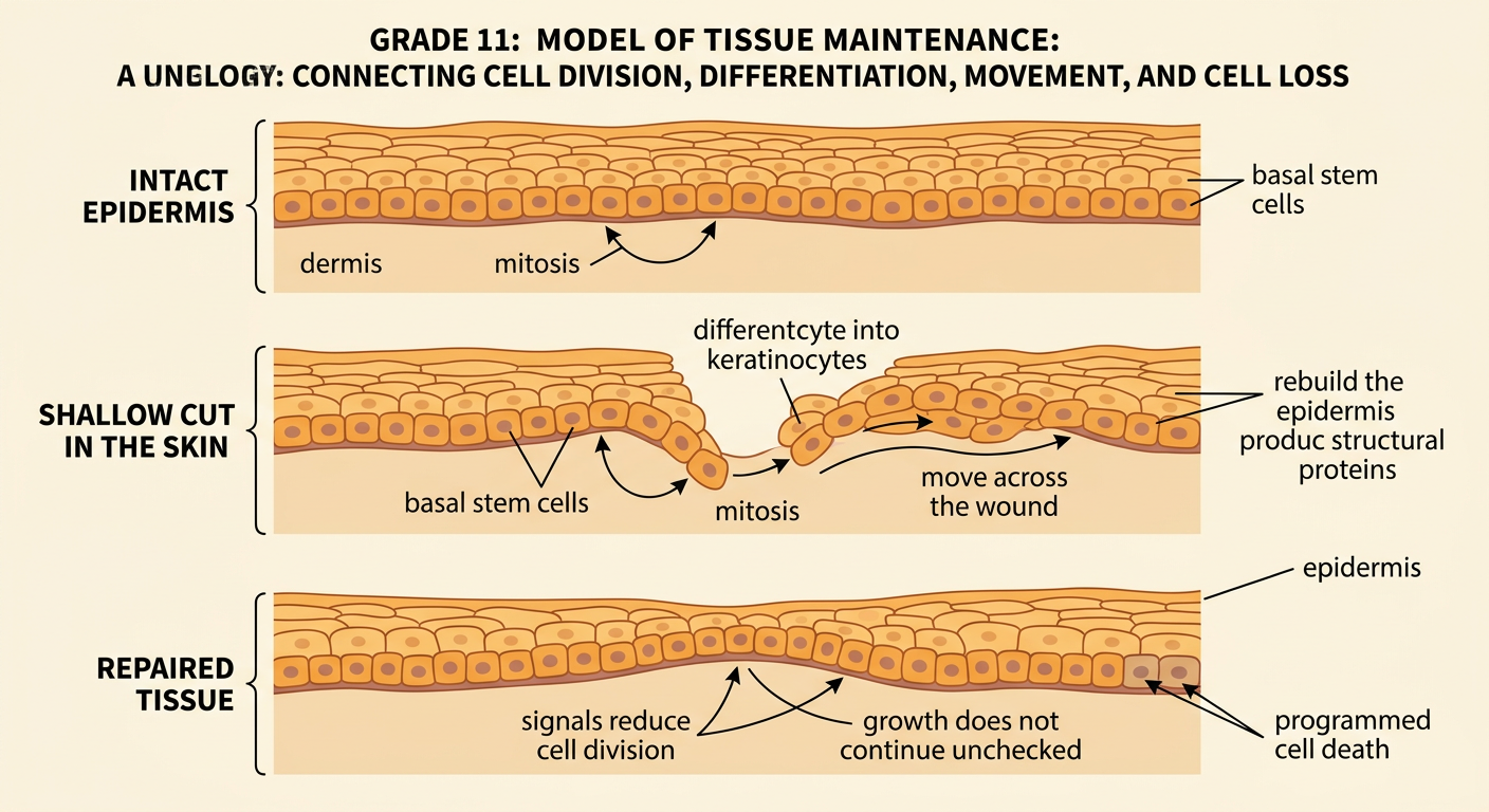 A skin wound closes as basal stem cells divide and keratinocytes migrate to rebuild the epidermis.