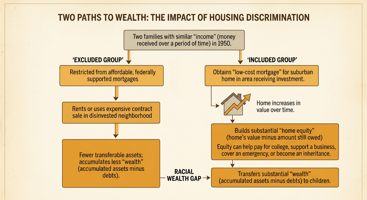 Two families with similar 1950 incomes follow different housing paths, producing unequal home equity and inheritance over time.