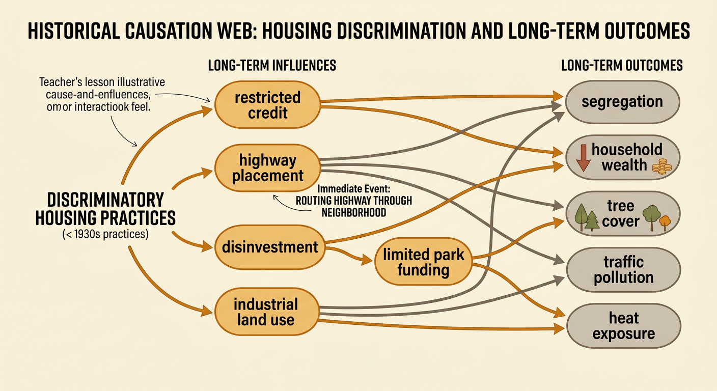 A neighborhood timeline links restricted credit, highway construction, industrial land use, and limited park funding to later heat exposure.
