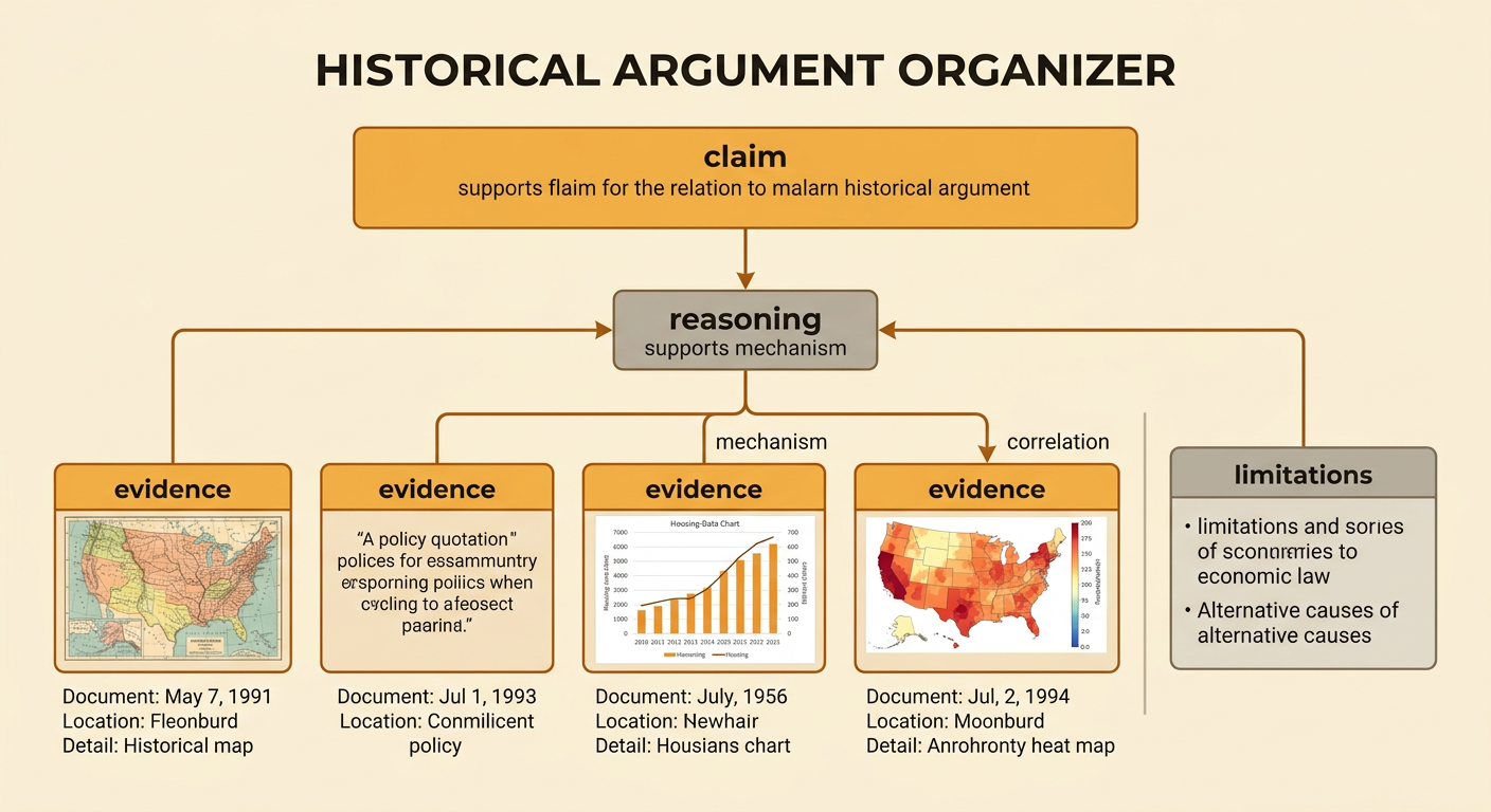 An argument organizer connects a historical claim to four sources, a causal mechanism, and limitations.