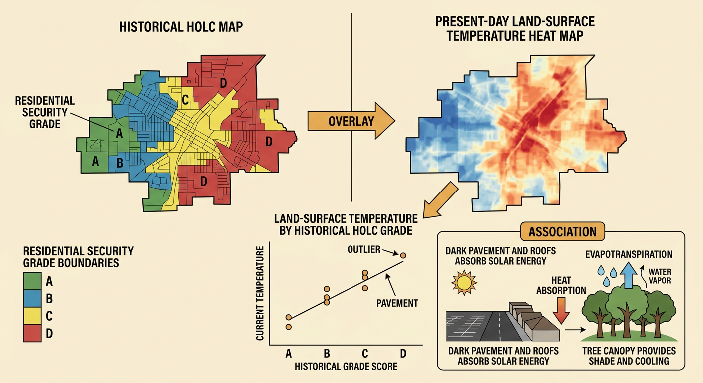 An old HOLC map, a modern heat map, and a scatterplot show hotter temperatures where pavement is extensive and tree canopy is limited.