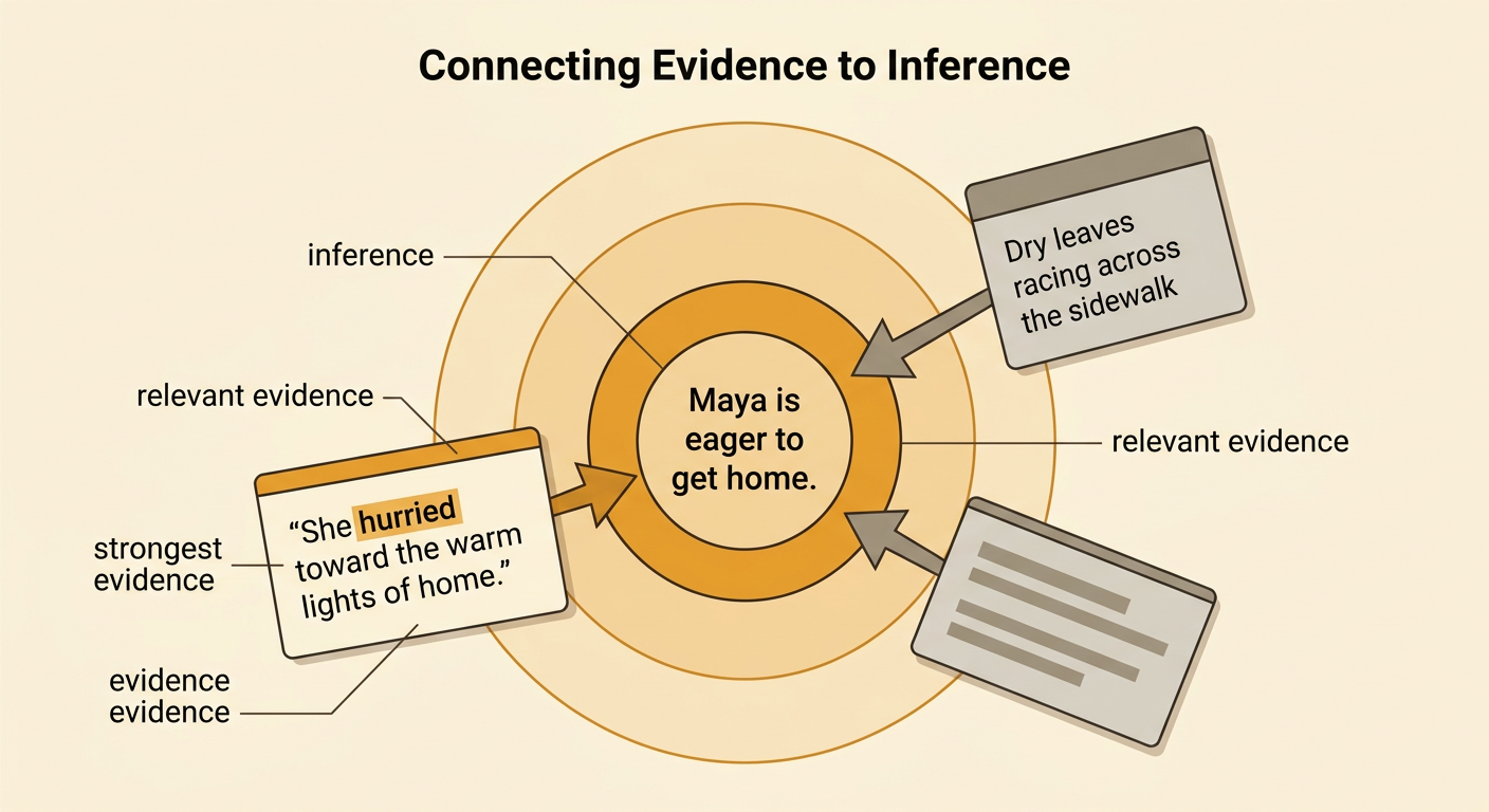 Two details from Maya’s story are compared, with her hurried movement marked as the best support.