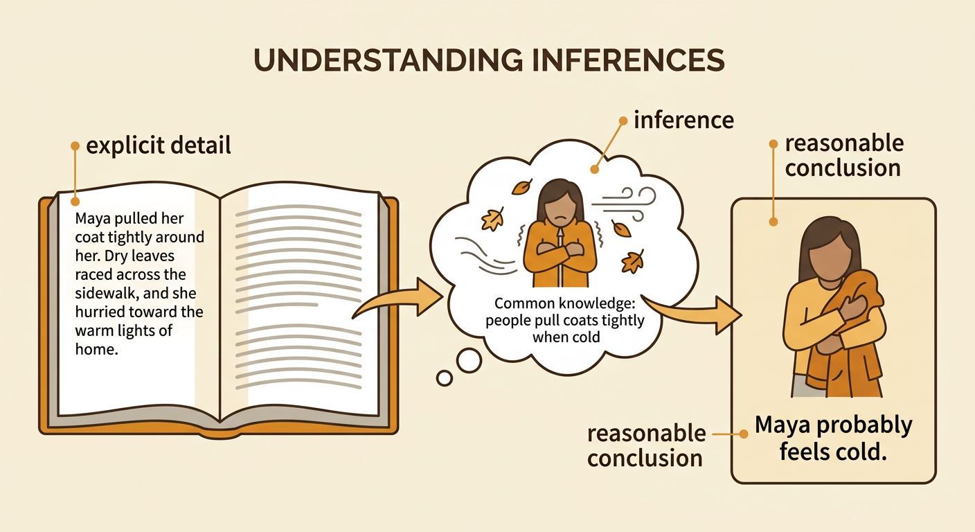 Maya holds her coat closed on a windy sidewalk as a diagram connects a stated clue to a conclusion.