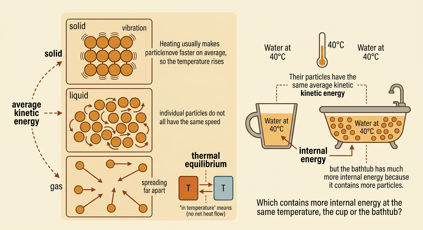 Particle models compare motion in solids, liquids, and gases and show equal-temperature water samples with different internal energies.