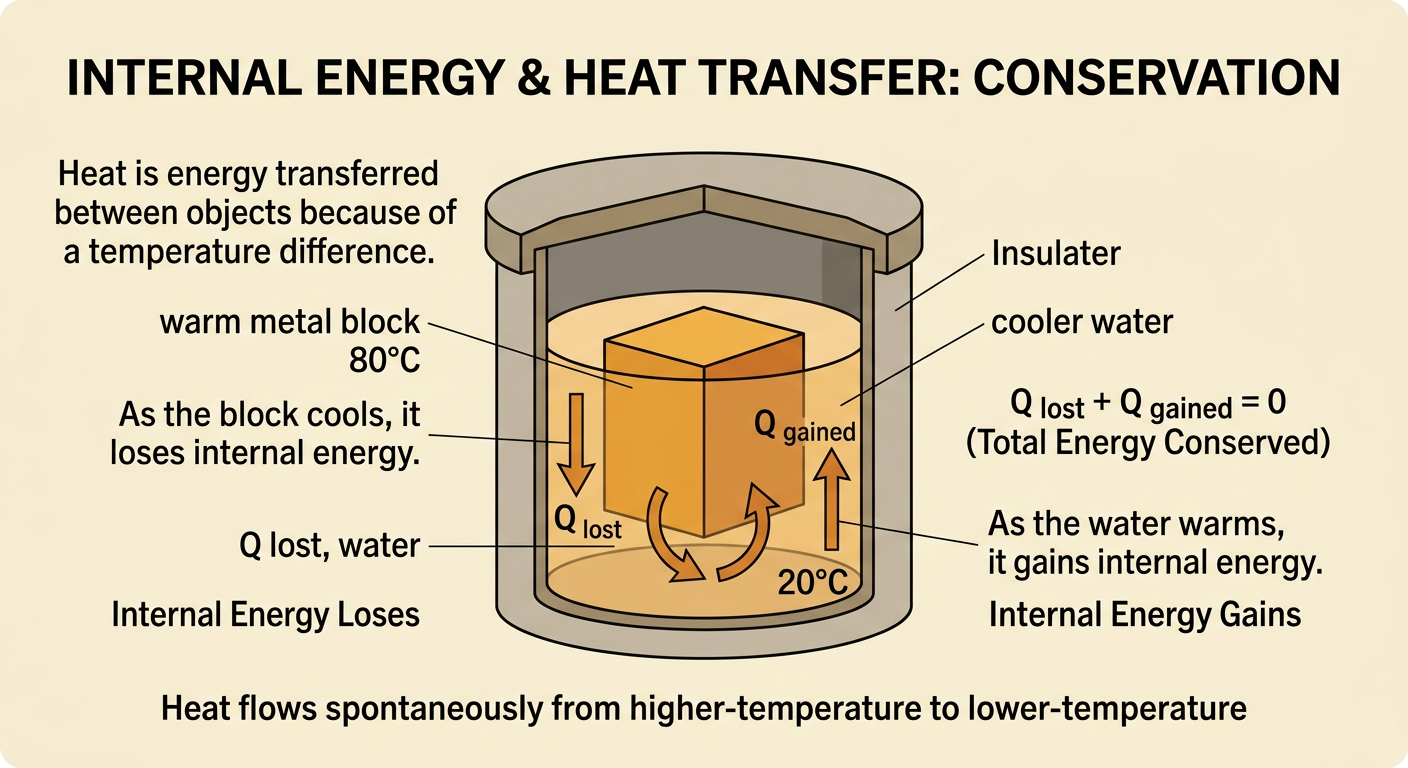 A warm metal block transfers energy to cooler water inside an insulated calorimeter until both reach the same final temperature.