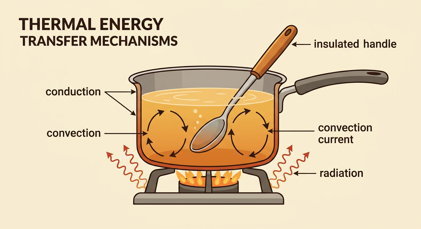 A labeled diagram shows water heating in a metal pot as conduction, convection, and radiation transfer thermal energy.