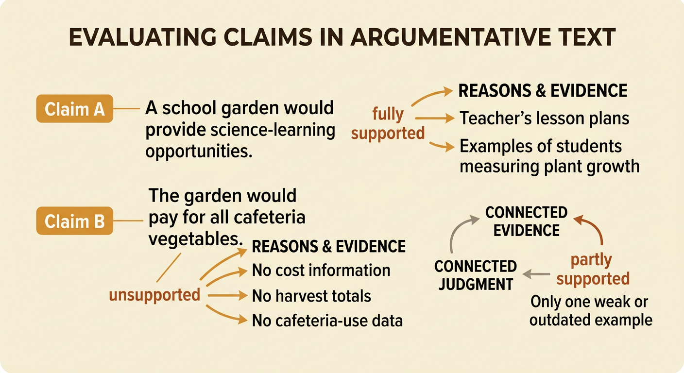 A comparison chart rates two school garden claims by the reasons and details supplied for each one.