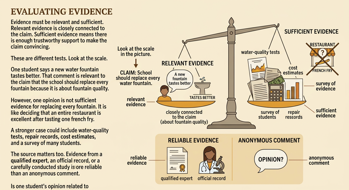 A balance scale compares one student's fountain opinion with several reliable sources of stronger support.