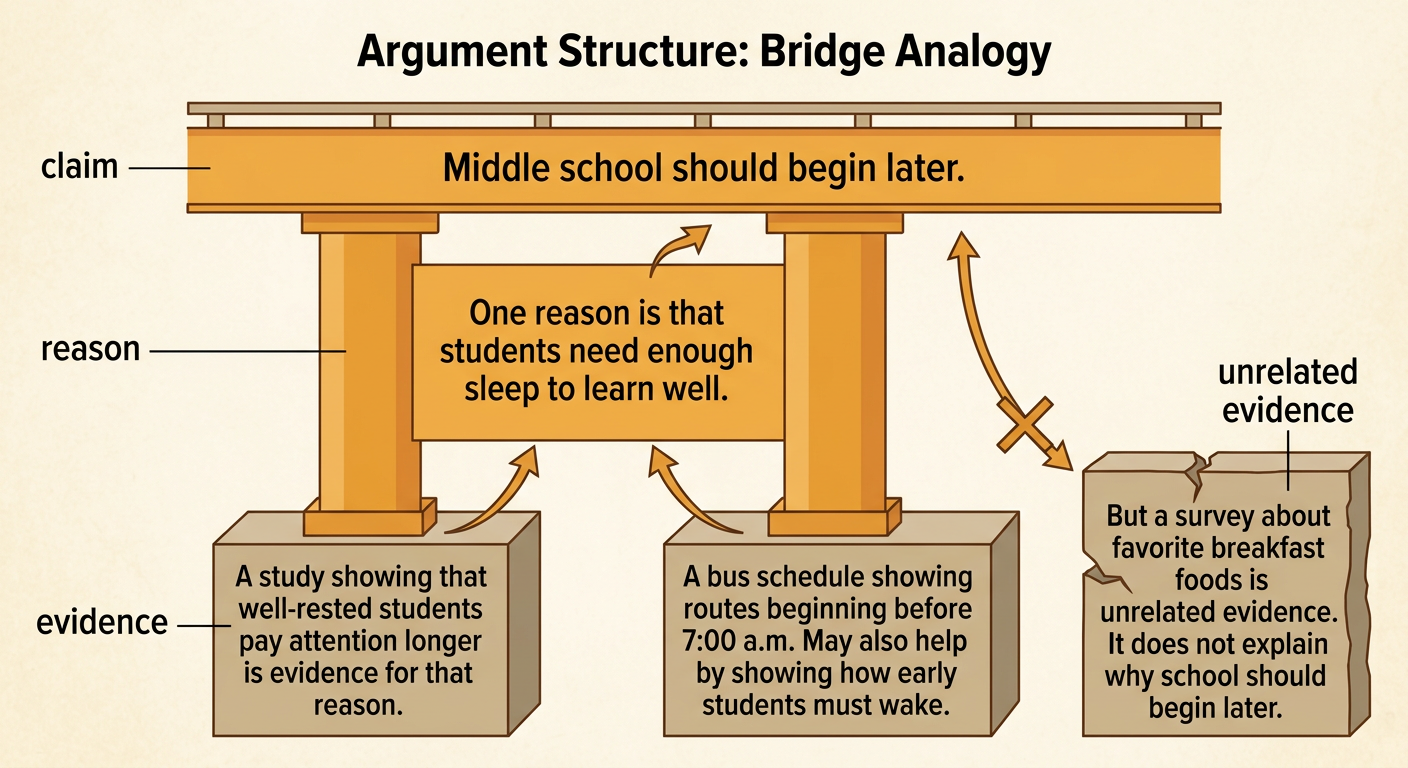 A bridge diagram connects a later-school-start position to sleep explanations and useful details while a breakfast survey sits apart.