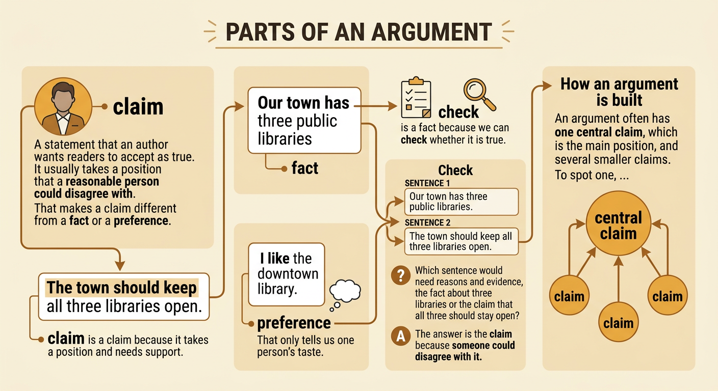 Three library statement cards show a claim, a checkable fact, and a personal preference.
