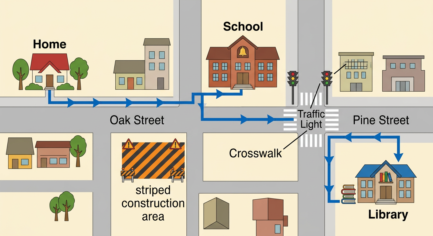A blue arrowed line marks the safe route from Home along Oak Street, past School, across at the Traffic Light and Crosswalk, to Library.